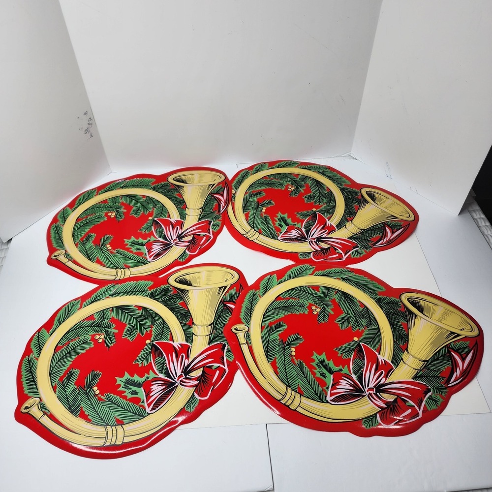 Town & Country Vinyl 1980s Christmas Table Placemats 14 X 18 Red French Horn EC